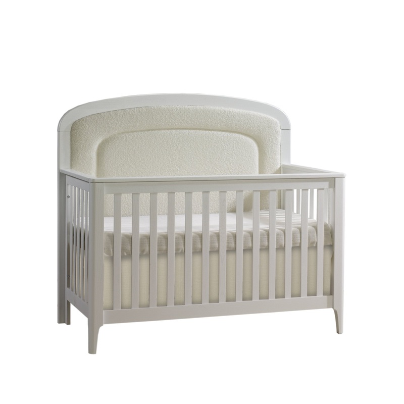 Natart Juvenile Palo 5-in-1 Convertible Crib – White with  Boucl Beige Upholstered Headboard Panel