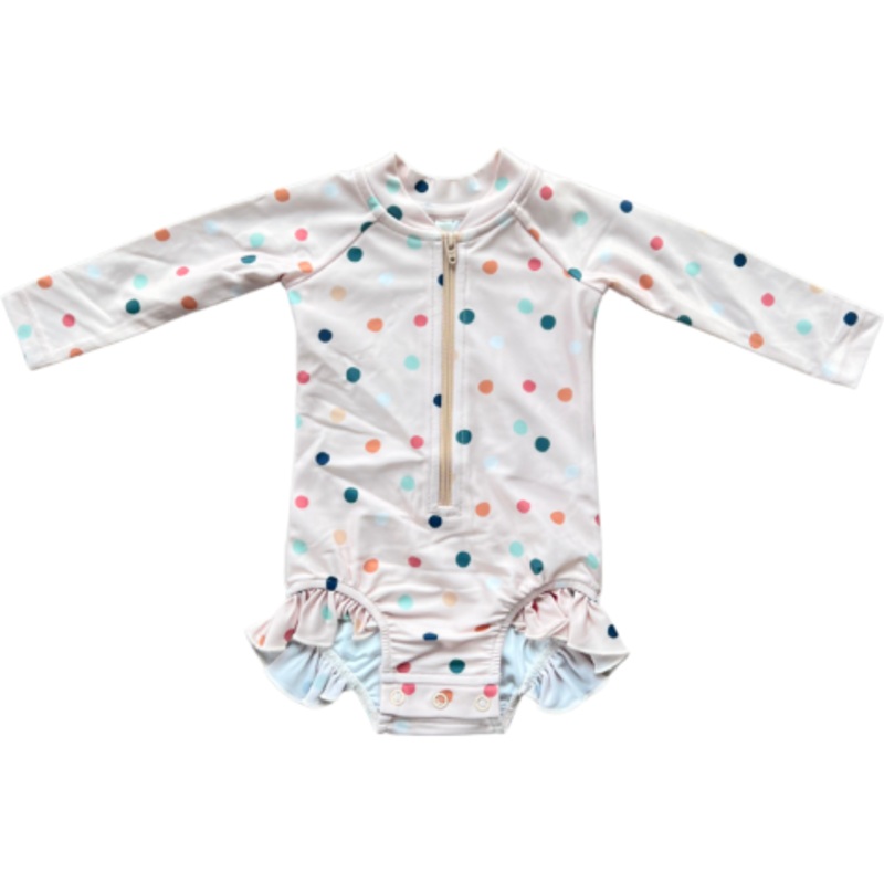 Babysprouts Girl’s One-Piece Ruffle Rash Guard Swimsuit | Summer Polka Dots