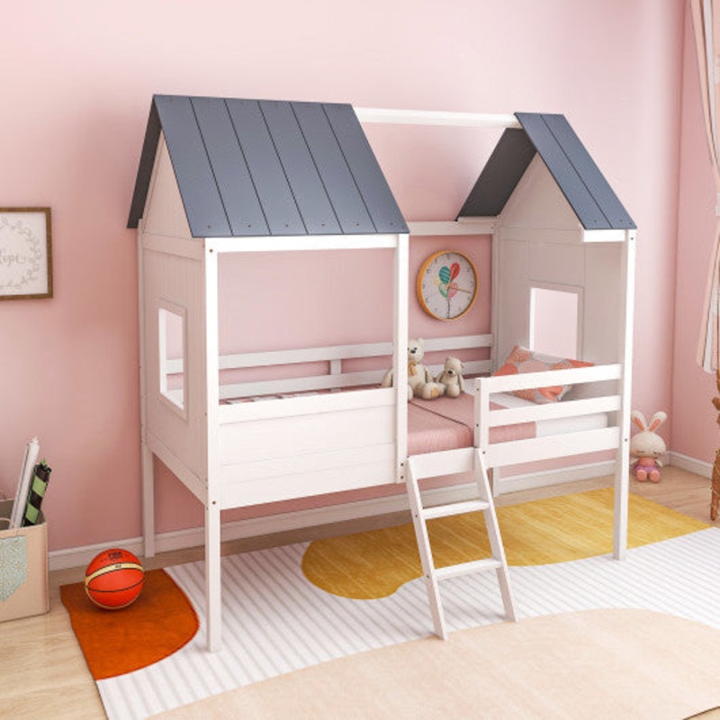 Twin Size Kids House Bed Low Loft Bed Frame With Roof-White