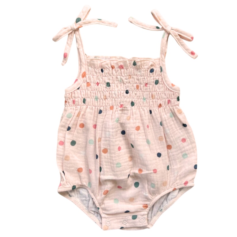Babysprouts – Tie-Smocked Bubble Romper – Pink Polka Dots