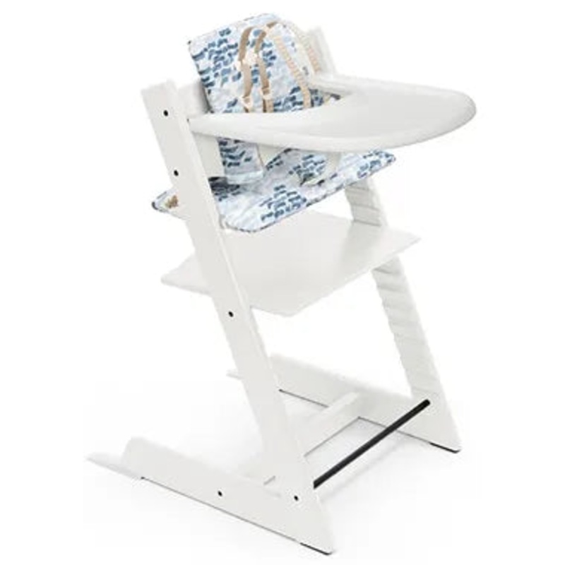 Tripp Trapp High Chair Complete – White & Waves Blue Cushion & Stokke Tray