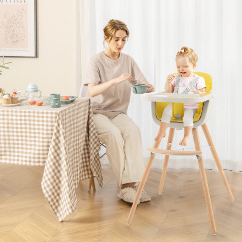 3-in-1 Convertible Wooden High Chair With Cushion-Yellow