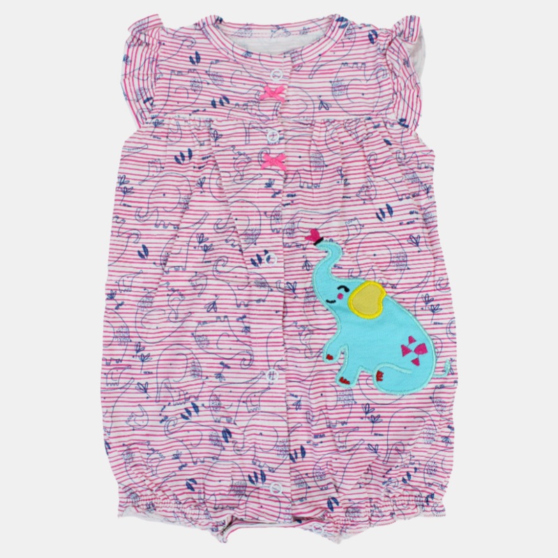 Baby Girls Cotton Romper  Pink Striped with Elephant Print