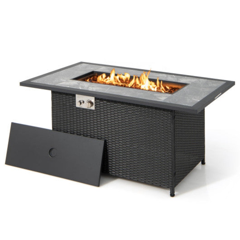 52 Inch Rattan Wicker Propane Fire Pit Table With Rain Cover and Lava Rock-Black