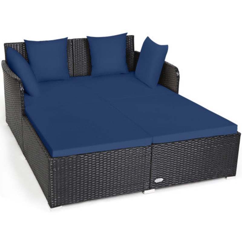Spacious Outdoor Rattan Daybed With Upholstered Cushions and Pillows-Navy