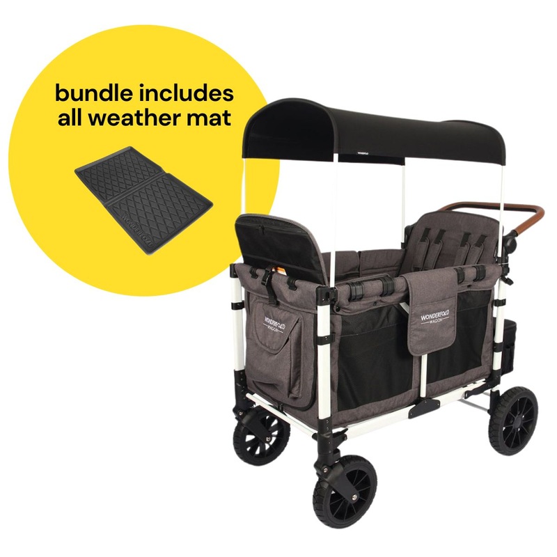 WonderFold W4 Luxe Multifunctional Quad (4 Seater) Stroller Wagon + All Weather Mat Bundle – Charcoal Gray/White Frame (Limited Edition)