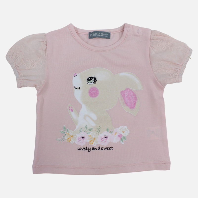 Baby Girls Cotton T-Shirt  Rose Pink with Bunny Print