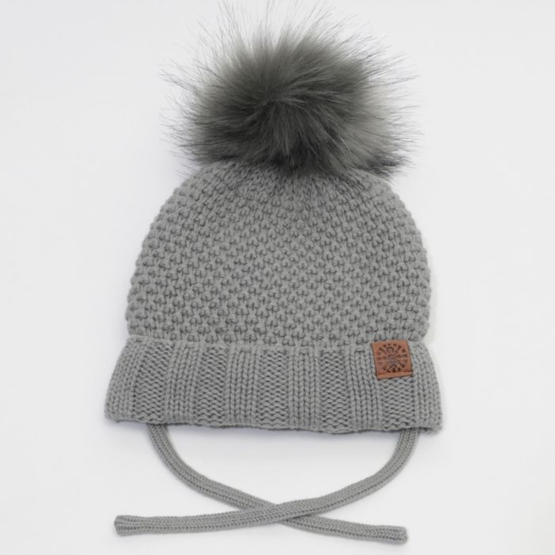 Cotton Knit Pompom Hat – Grey 3-9mo