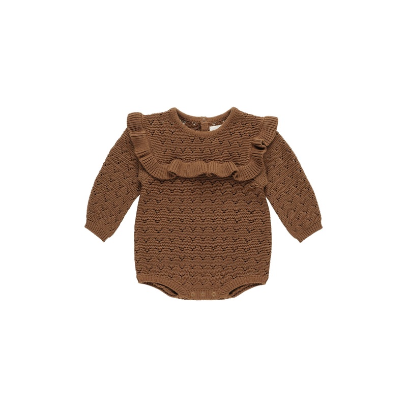 Long Sleeve Pointelle Ruffle Romper- Cinnamon 0-3